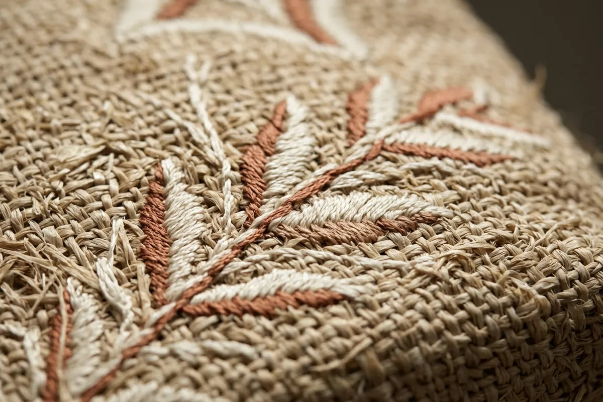 Tonaal handborduursel op een natuurlijk raffia-paneel, met de geweven textuur onder de steek zichtbaar