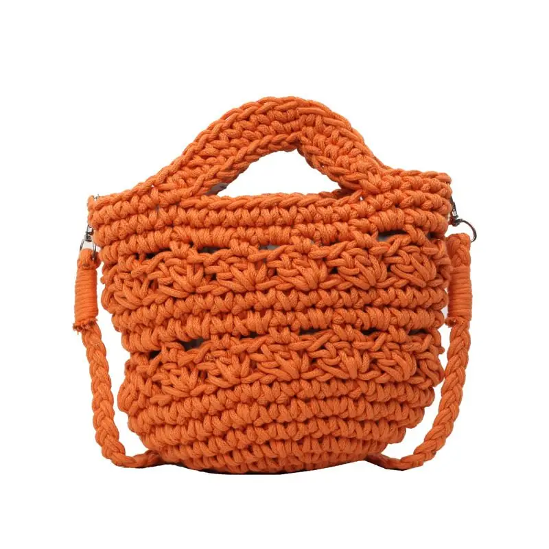 Bright Orange Crochet Handwoven Bucket Bag with Crossbody Strap