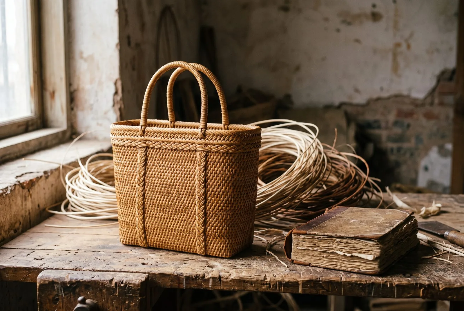 Marktkorb aus Naturrattan mit Rattanbündeln auf der Werkbank