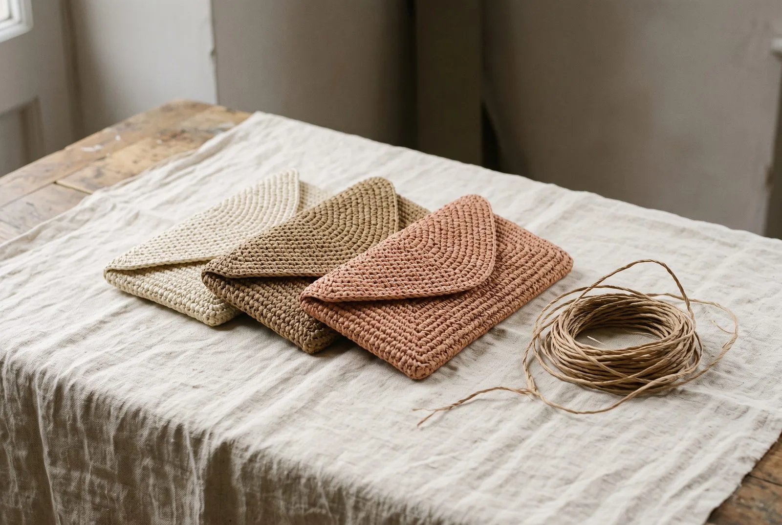 Drei handgeflochtene Clutches aus Papierstroh-Mischung mit loser gedrehter Papierkordel