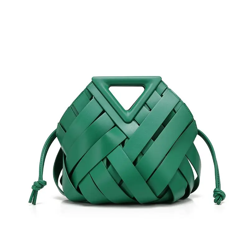 Green Interlace PU Blend Woven Crossbody Bag with Drawstring