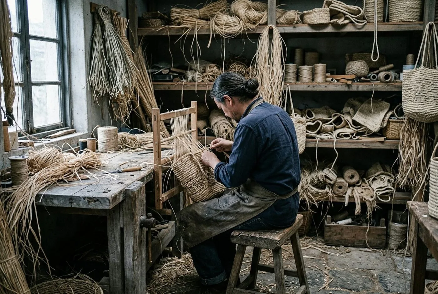 Aktive Montage- und Nähwerkbank für handgeflochtene Taschen im Atelier in Dongguan