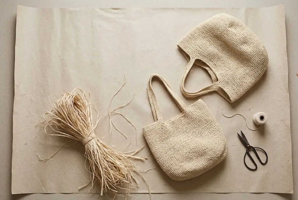 Natürliche Raffiafasern neben fertigen handgeflochtenen Raffia-Shoppern auf cremefarbener Papierfläche
