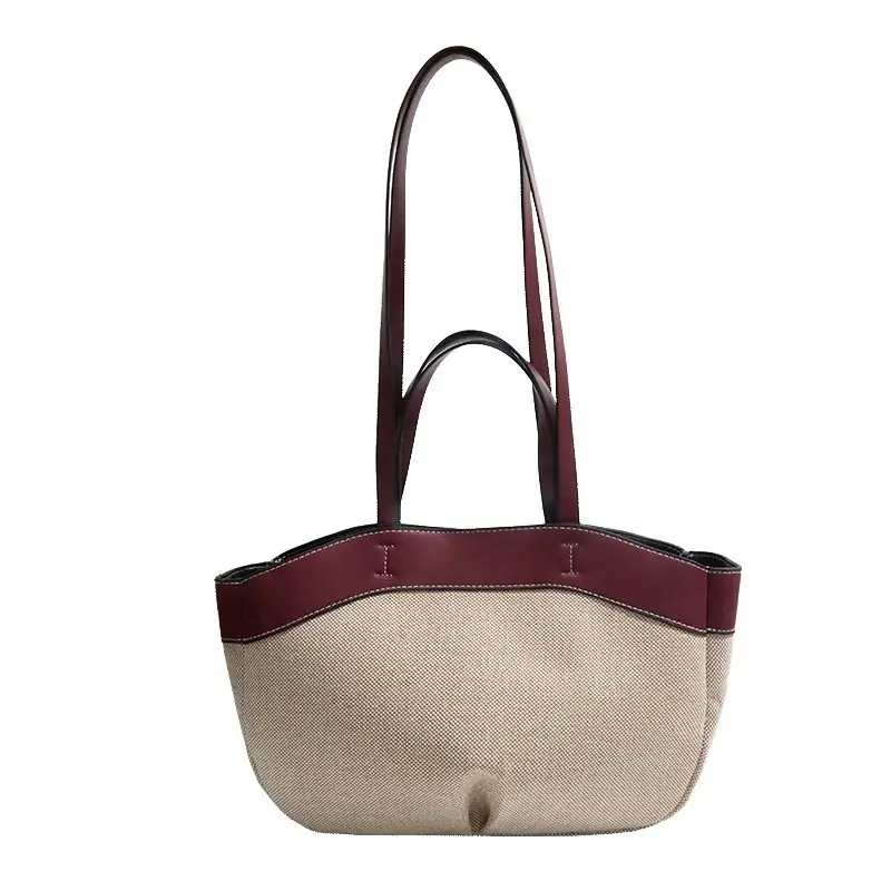Two-Tone PU Woven Tote Bag with Burgundy Trim