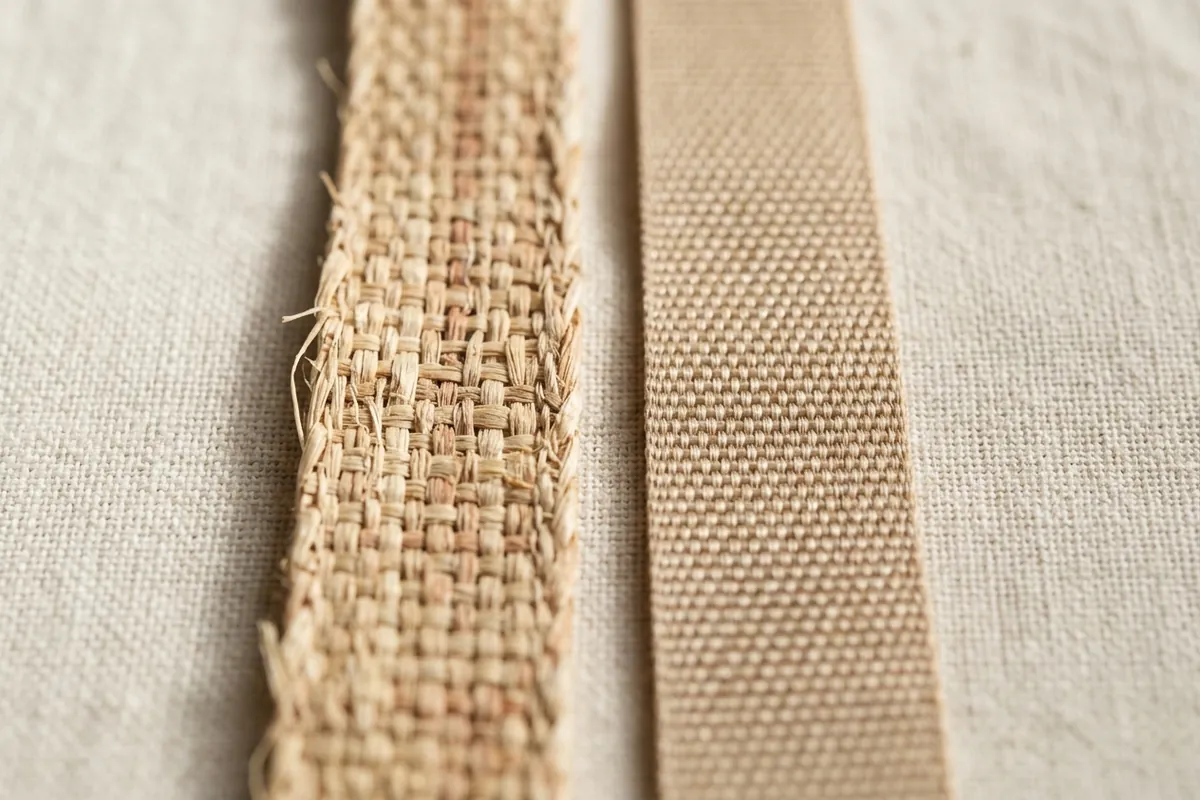 Comparaison macro d’un ruban de raphia naturel et d’une imitation synthétique uniforme.